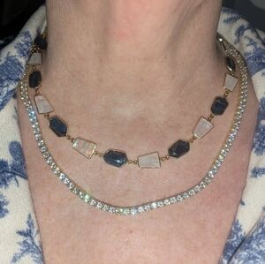 18k Yellow Gold Rainbow Moonstone and Blue  Gemstone Station Necklace Allia